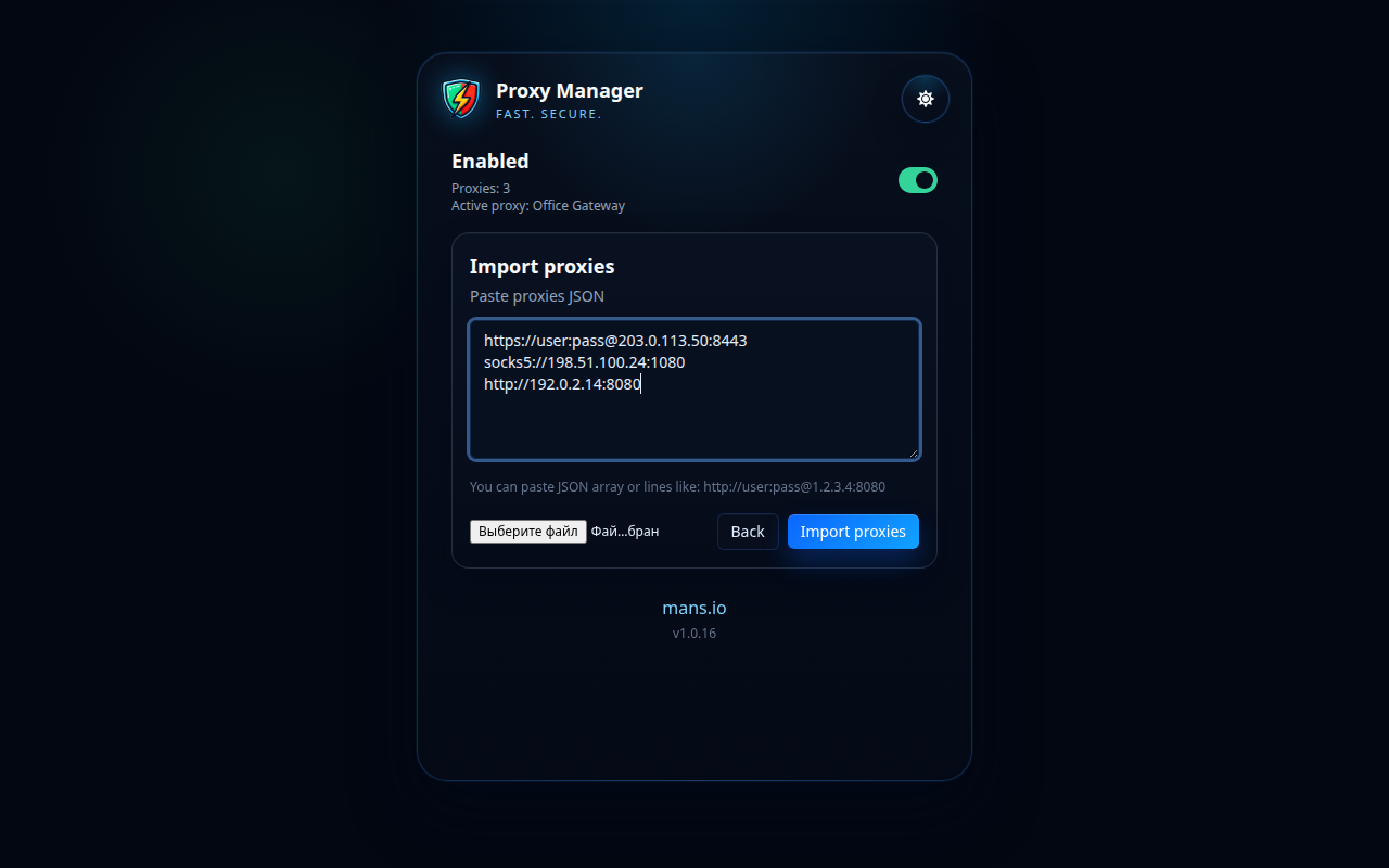 Layar ngimpor Proxy Manager
