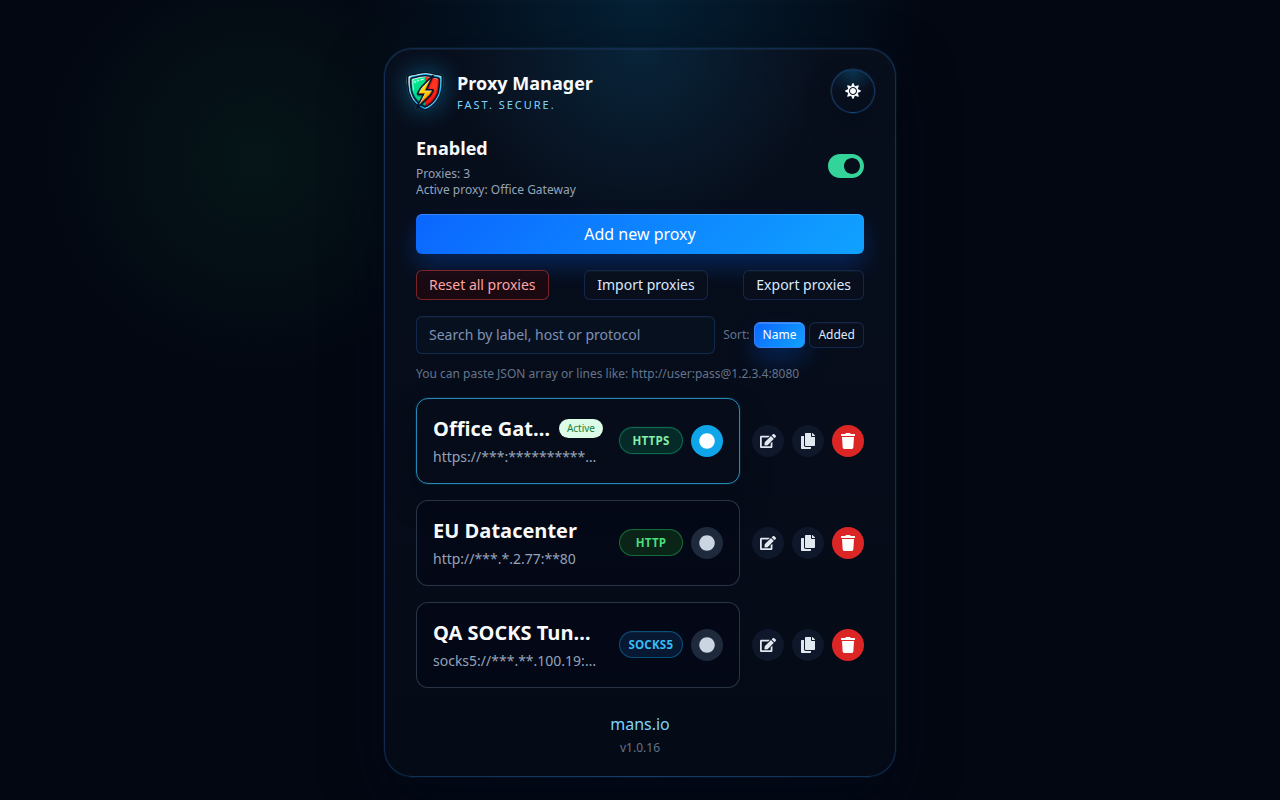 Daftar profil Proxy Manager