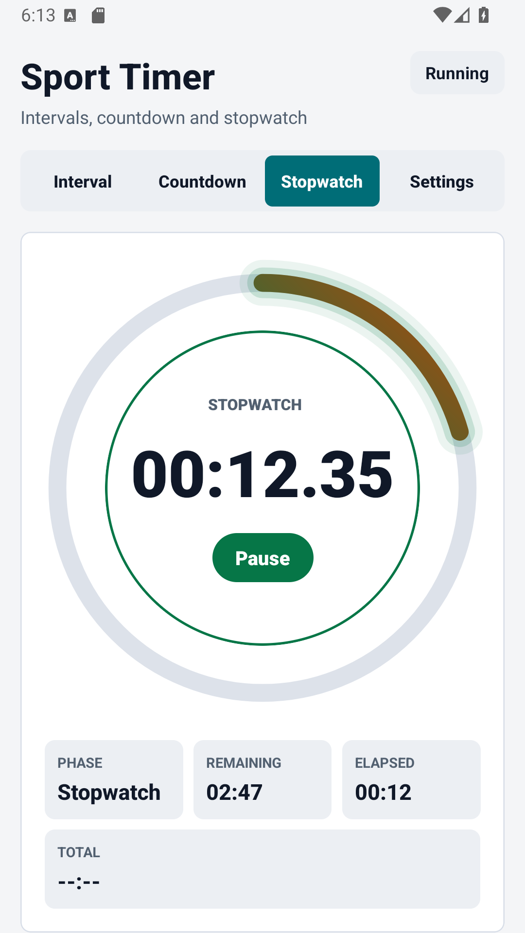 Layar stopwatch Timer Olahraga kanthi puteran